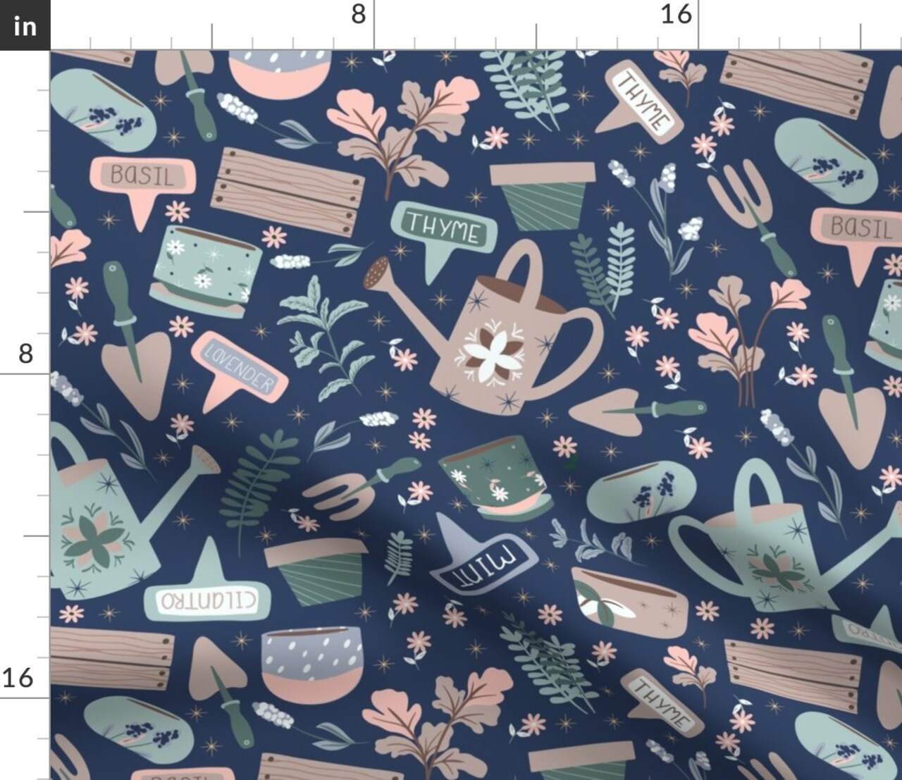 Gardening Plants Herb Garden Kitchen Spring Planting Tools Watering Can Botanical Floral Herbs Flowers Leaves Stars Blue Green Cottage Shed Custom Printed Fabric by Spoonflower Various Fabrics by the Yard or Fat Quarter